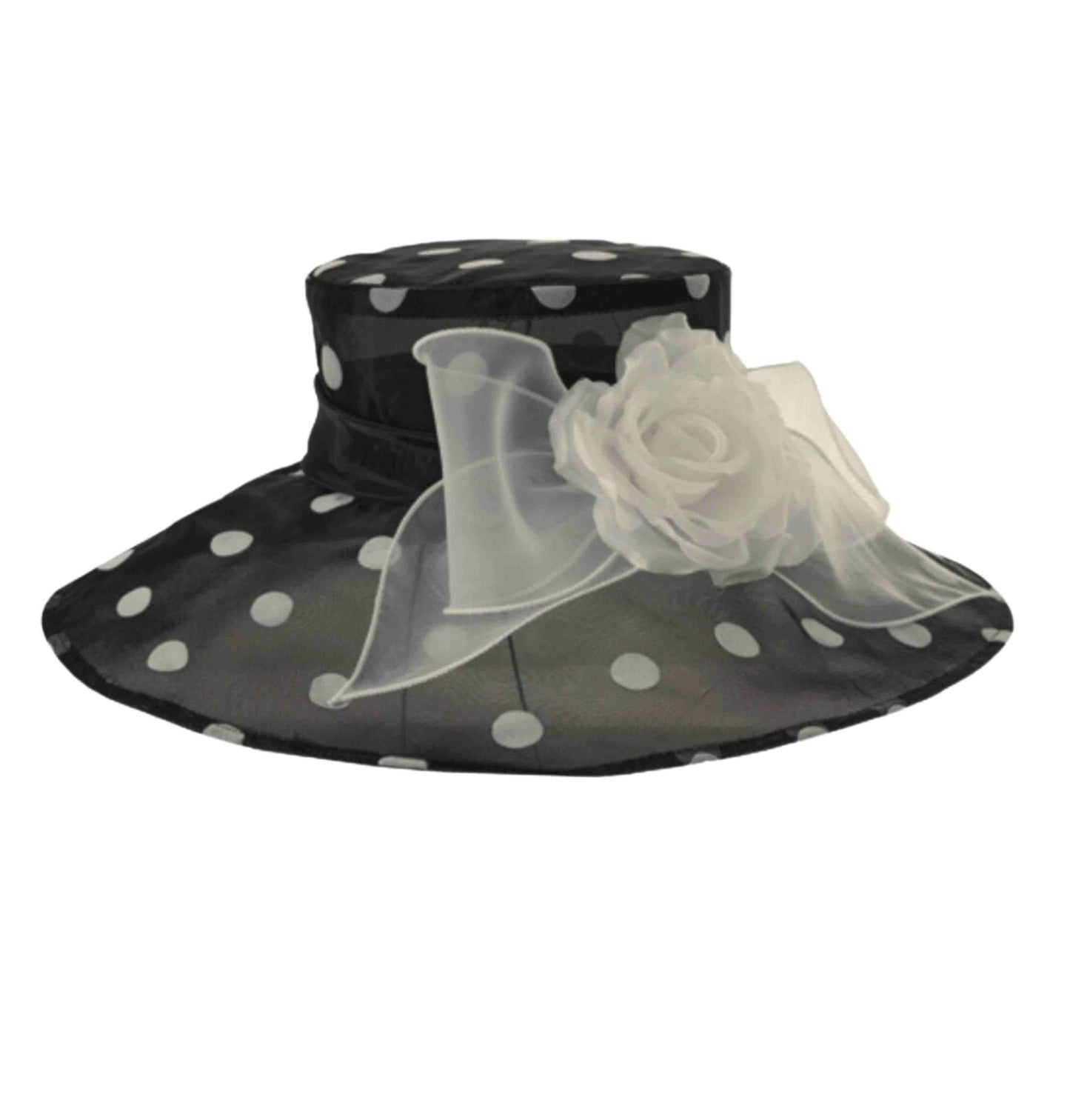 TCN CZ19-ROSE DERBY BLACK WITH WHITE POLKA DOTS Polka Dot Organza Hatter: BLACK