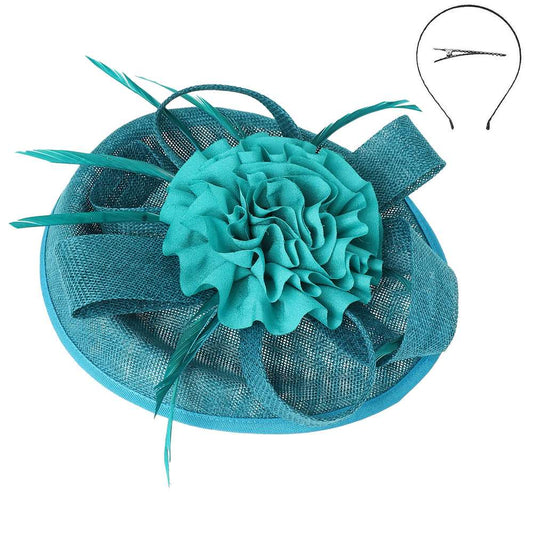 ANB HTH2943 DARK TEAL EUROPEAN  Style Floral Feathered Sinamay Fascinator
