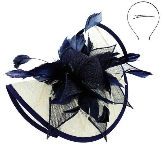 ANB HTH2694 NAVY & IVORY TONE FOLDED FASCINATOR HEADBAND AND CLIP TONE FOLDED