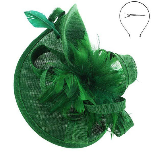ANB  HTH2699  GREEN FEATHER FASCINATOR WITH HEADBAND AND CLIP