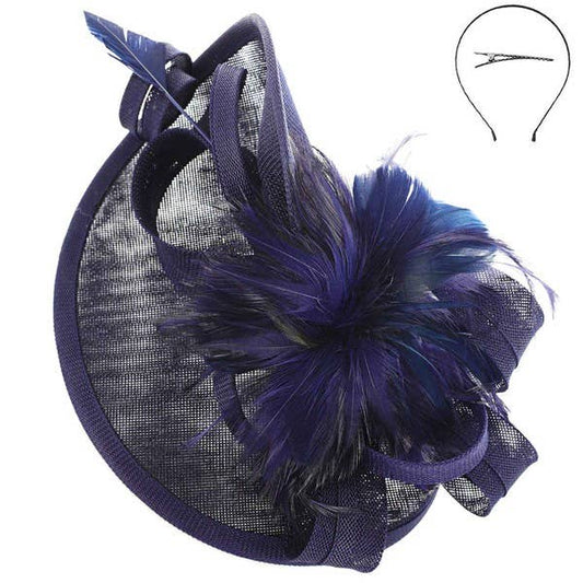 ANB HTH2699 NAVY SINAMAY FEATHER FASCINATOR WITH HEADBAND AND CLIP